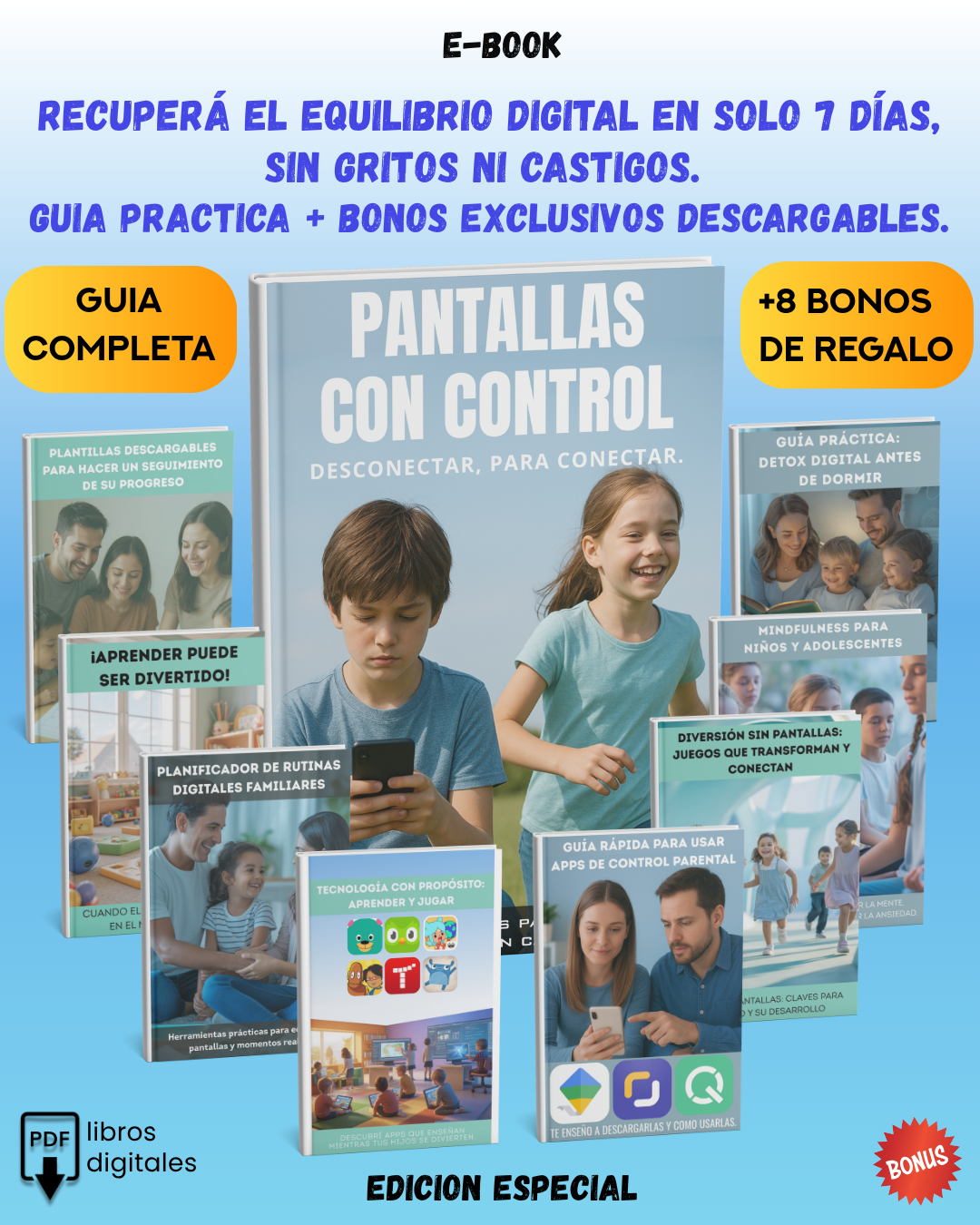 Pantallas con control: Pack digital con guías prácticas + bonos para reducir pantallas y recuperar la calma en 7 días.